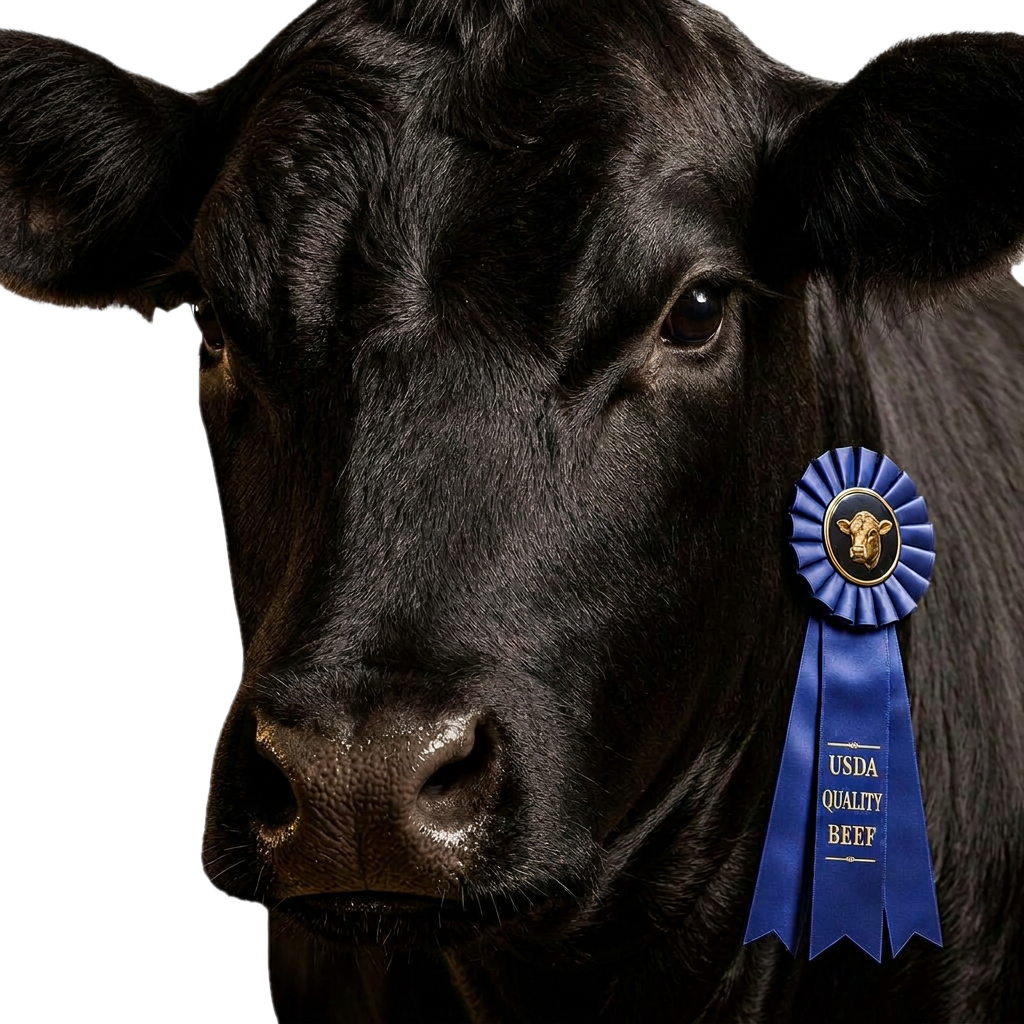 Black Angus cow wearing a blue USDA Quality Beef award ribbon