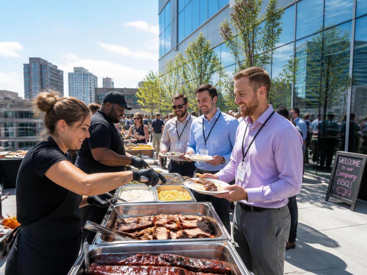 Office team in line at a company barbecue being served brisket and ribs on a sunny plaza in front of the office building