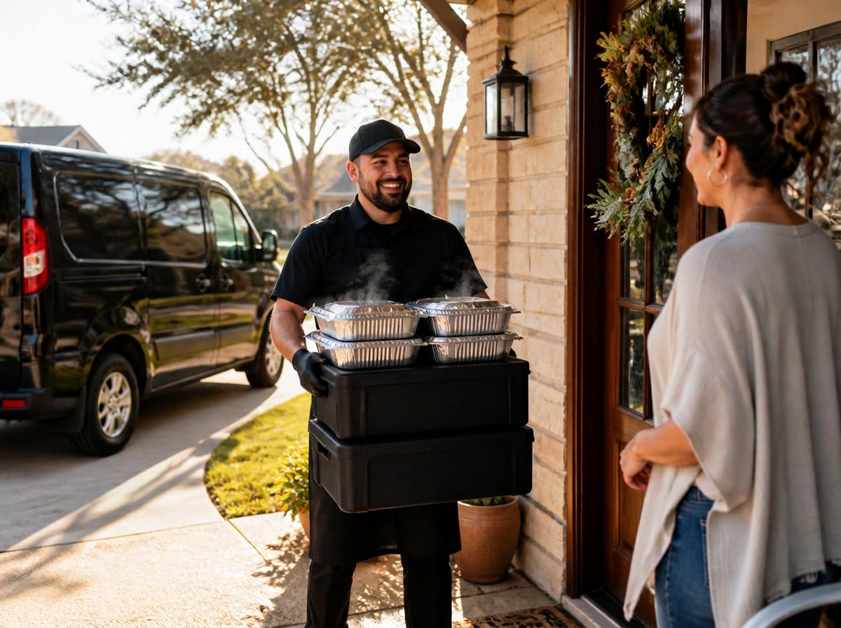 Delivery person dropping off steaming barbecue catering trays at a front door