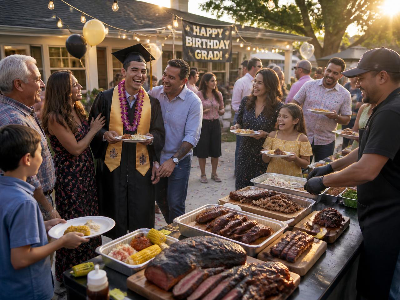 Graduation and birthday party with family and friends holding plates around a barbecue catering table piled with brisket and ribs
