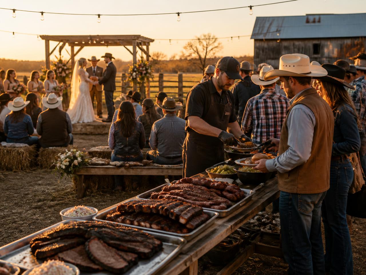 Country Texas wedding at sunset with a barbecue spread of brisket and ribs being served to guests in cowboy hats