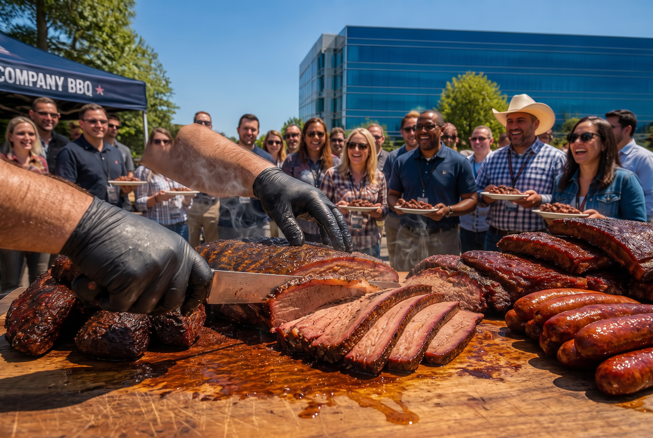 Pitmaster's hands slicing juicy smoked brisket while a smiling crowd waits with plates at a company barbecue