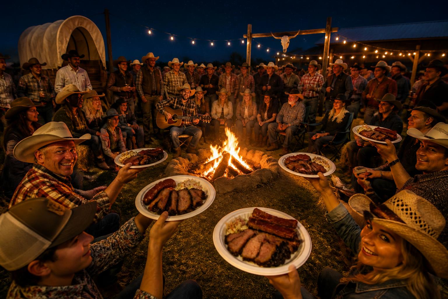 Cowboy gathering at night around a bonfire, eating barbecue plates and listening to music