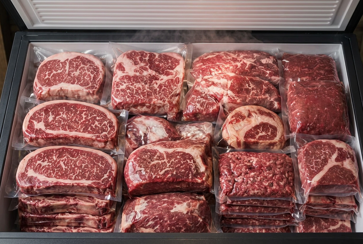 Open freezer filled with vacuum-sealed premium Black Angus steaks, roasts, brisket, and ground beef